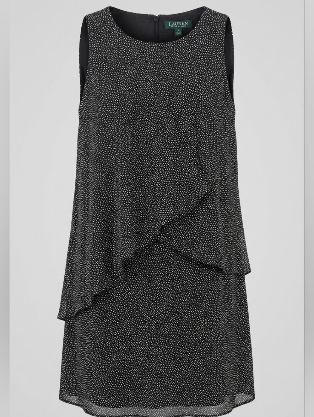 Lauren Ralph Lauren Black Polka Dot Sleeveless Tiered Overlay Chiffon Dress 12P